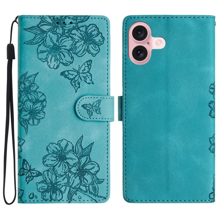 For iPhone 17 Cherry Blossom Butterfly Skin Feel Embossed PU Phone Case(Green) - Immagine 1