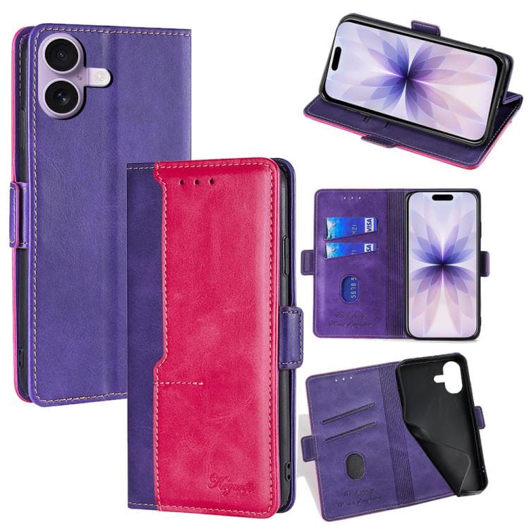 For iPhone 17 Contrast Color Side Buckle Leather Phone Case(Purple + Rose Red) - Immagine 1