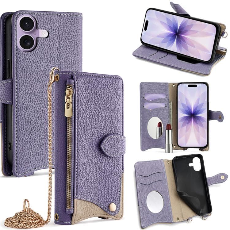For iPhone 17 Crossbody Chain Fishtail Litchi Leather Phone Case(Purple) - Immagine 1