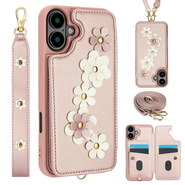 For iPhone 17 Crossbody Flower Pattern Leather Phone Case(Rose Gold) - Immagine 1