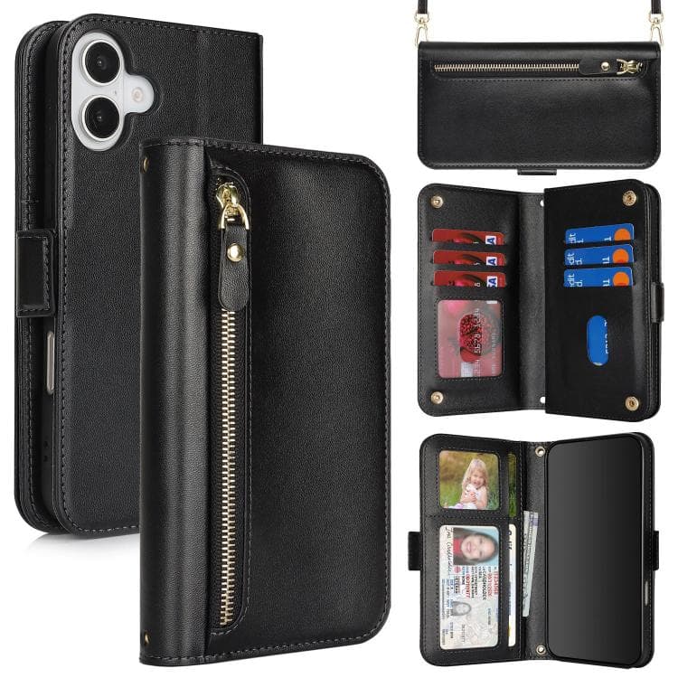 For iPhone 17 Crossbody Front Zipper Multi-Card Wallet Bag Vegan Leather Phone Case(Black) - Immagine 1