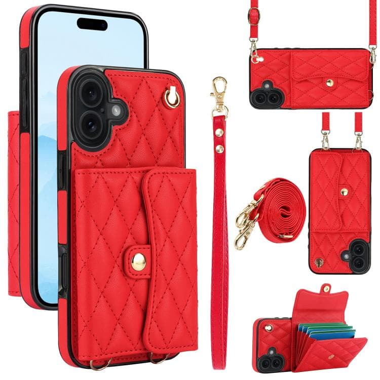 For iPhone 17 Crossbody Rhombic Horizontal Wallet Leather Phone Case(Red) - Immagine 1