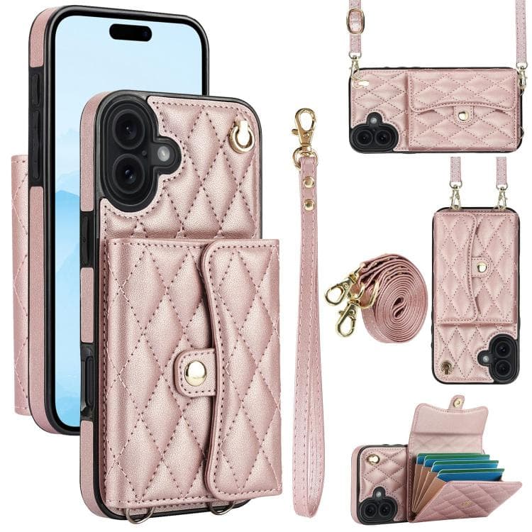 For iPhone 17 Crossbody Rhombic Horizontal Wallet Leather Phone Case(Rose Gold) - Immagine 1