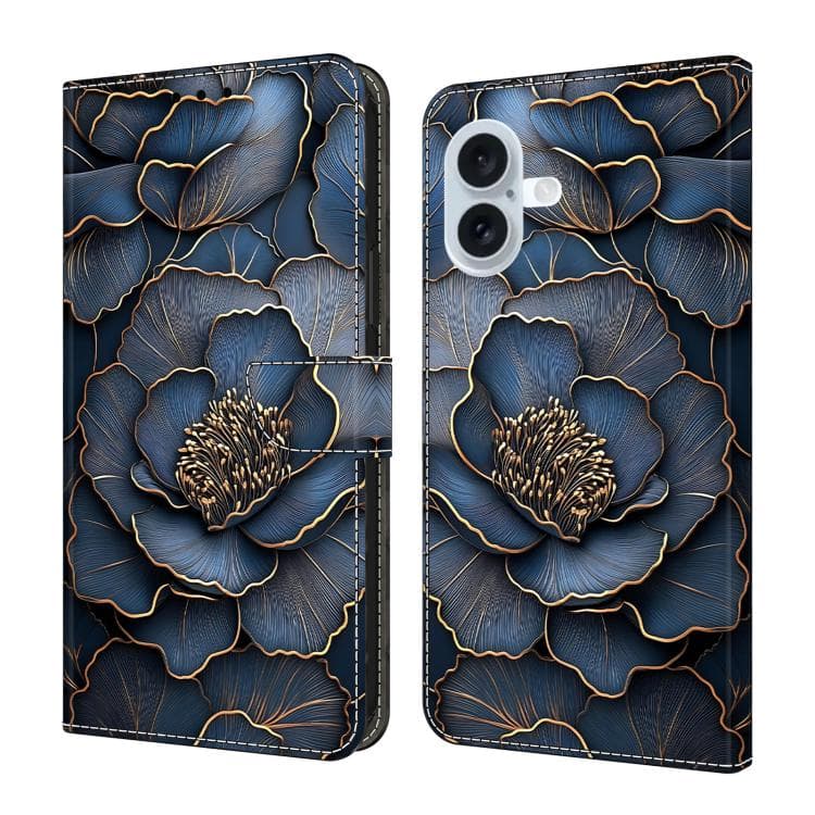 For iPhone 17 Crystal-Like Painted Vegan Leather Phone Case(Blue Gold Peony) - Immagine 1