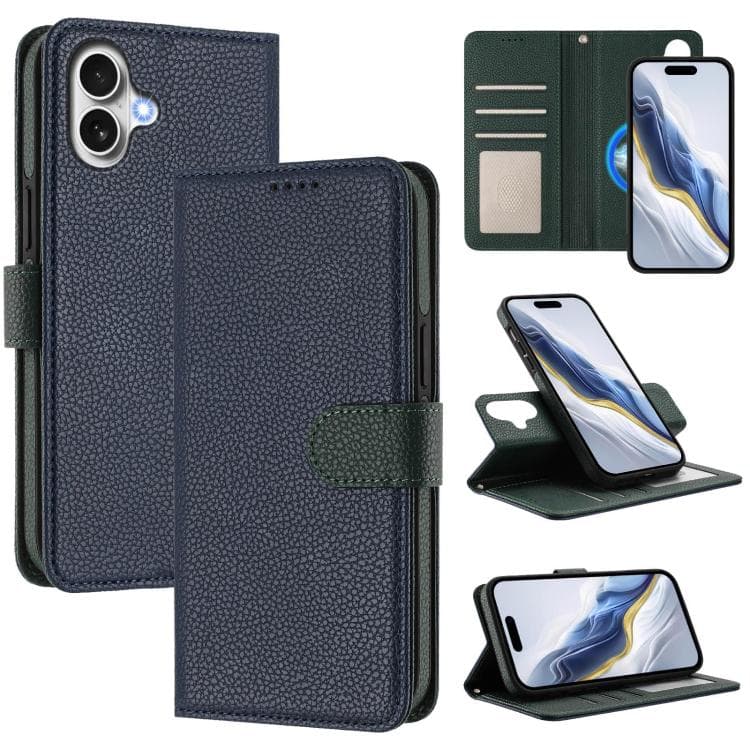 For iPhone 17 Detachable Litchi Texture Magnetic Side-Patch Vegan Leather Phone Case(Dark Blue Dark Green) - Immagine 1