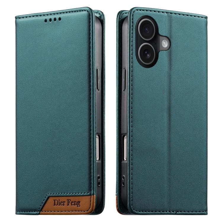 For iPhone 17 Dierfeng Splicing Strong Magnetic RFID Vegan Leather Phone Case(Green) - Immagine 1