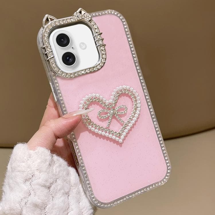 For iPhone 17 Electroplated Cat Ear Dual Side Rhinestones Glitter IMD Phone Case(Pink) - Immagine 1