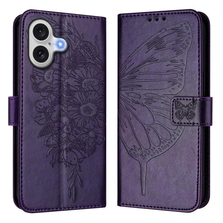 For iPhone 17 Embossed Butterfly Leather Phone Case(Dark Purple) - Immagine 1