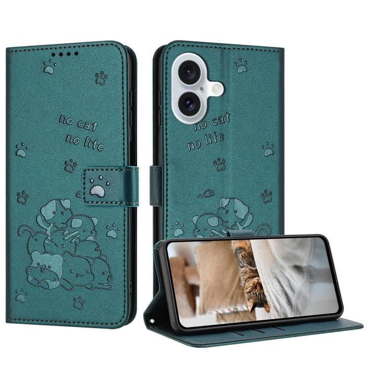 For iPhone 17 Embossed Kitten Phone Leather Case with Lanyard(Dark Green) - Immagine 1