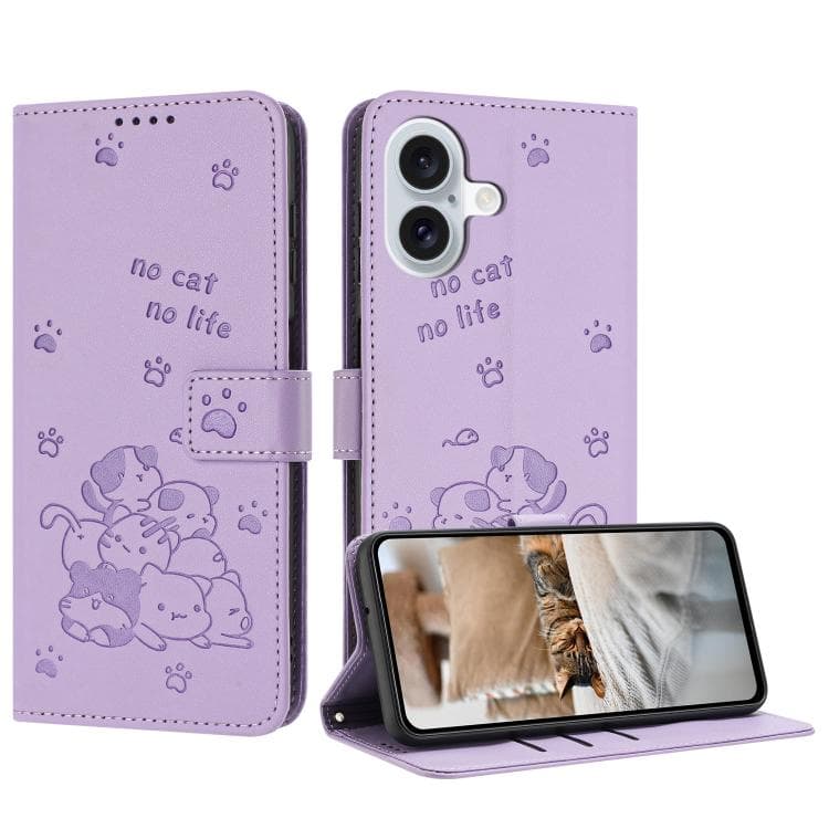 For iPhone 17 Embossed Kitten Phone Leather Case with Lanyard(Purple) - Immagine 1