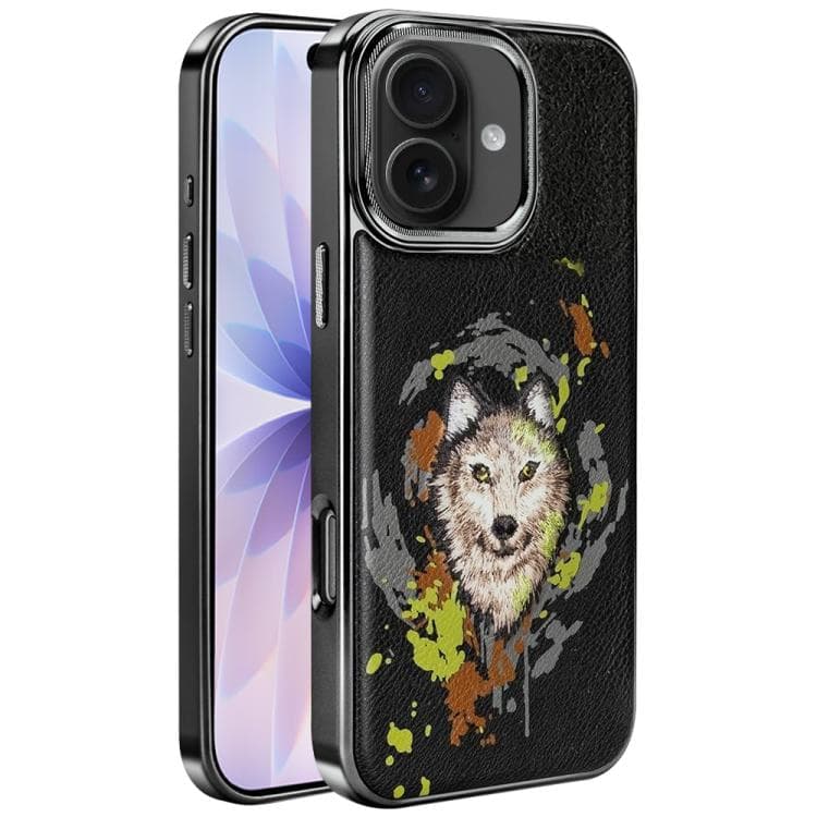 For iPhone 17 Embroidered Graffiti Vegan Leather Shield Electroplated Magnetic Phone Case(Black) - Immagine 1