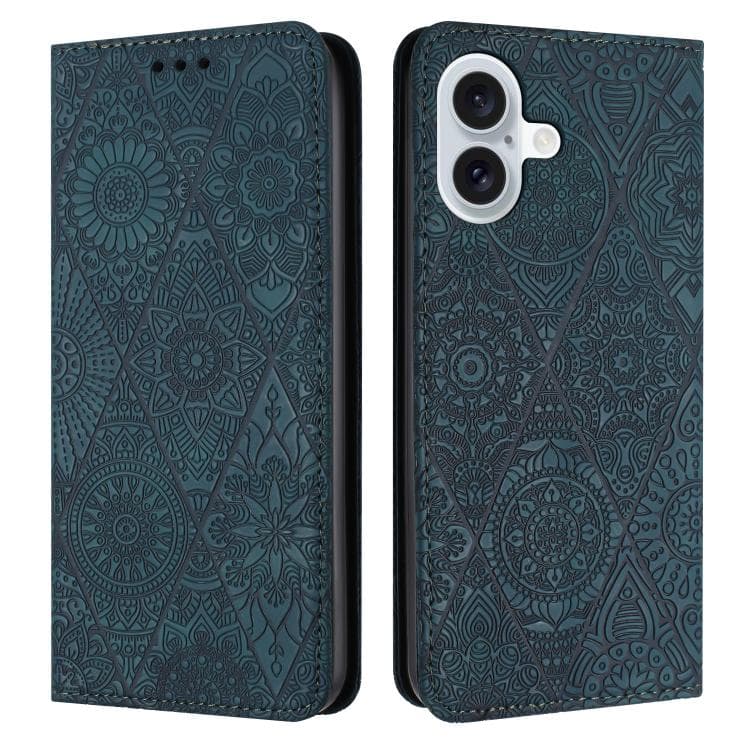 For iPhone 17 Ethnic Embossed Adsorption Leather Phone Case(Blue) - Immagine 1
