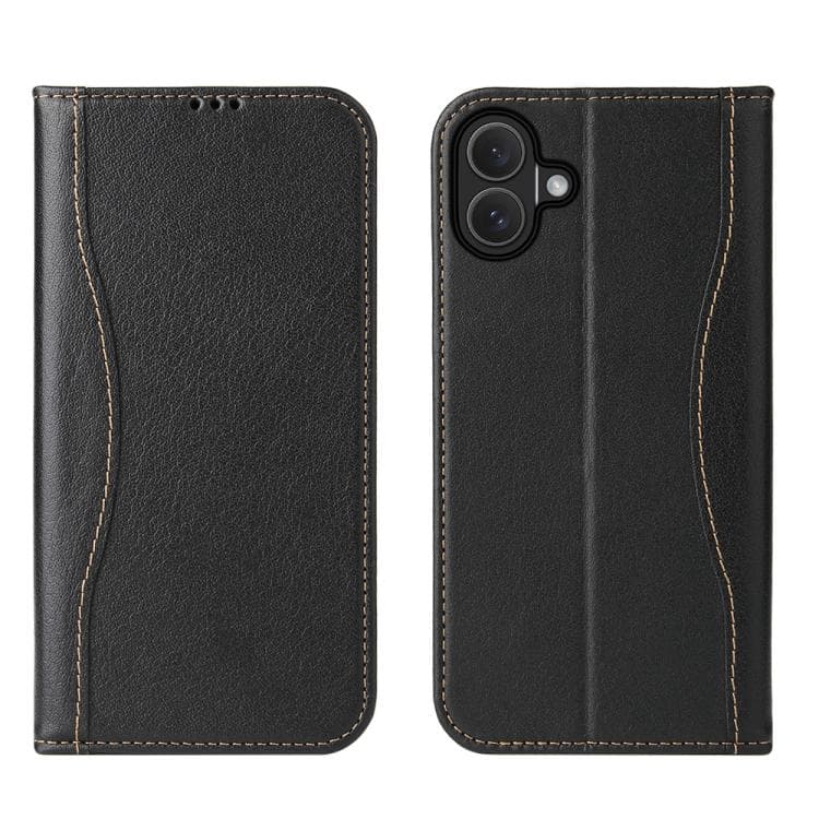 For iPhone 17 Fierre Shann Cowhide Leather Flip Leather Phone Case(Black) - Immagine 1