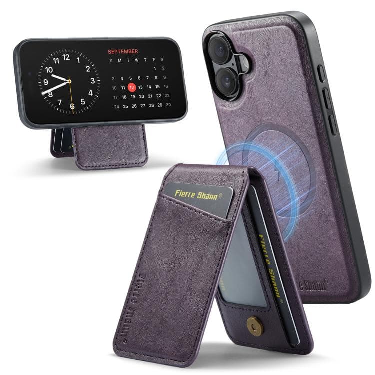 For iPhone 17 Fierre Shann Cowhide Vertical Flip Magnetic Card Holder Phone Case(Purple) - Immagine 1
