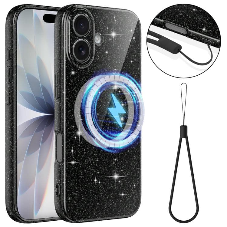 For iPhone 17 Fine Hole Glossy Glitter Magnetic TPU Phone Case with Same Color Hand Strap(Black) - Immagine 1