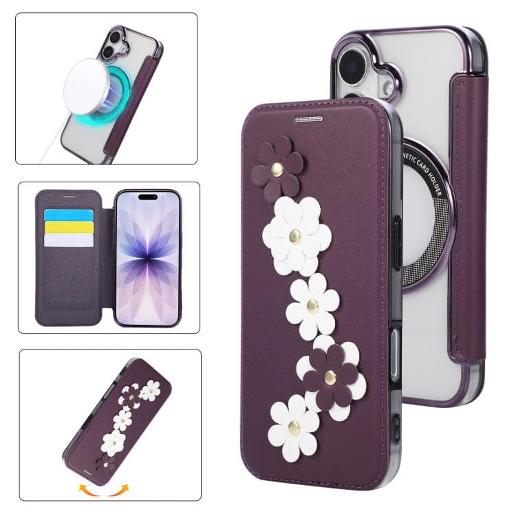 For iPhone 17 Floral Magnetic Electroplated Card Holder Vegan Leather Phone Case(Purple) - Immagine 1