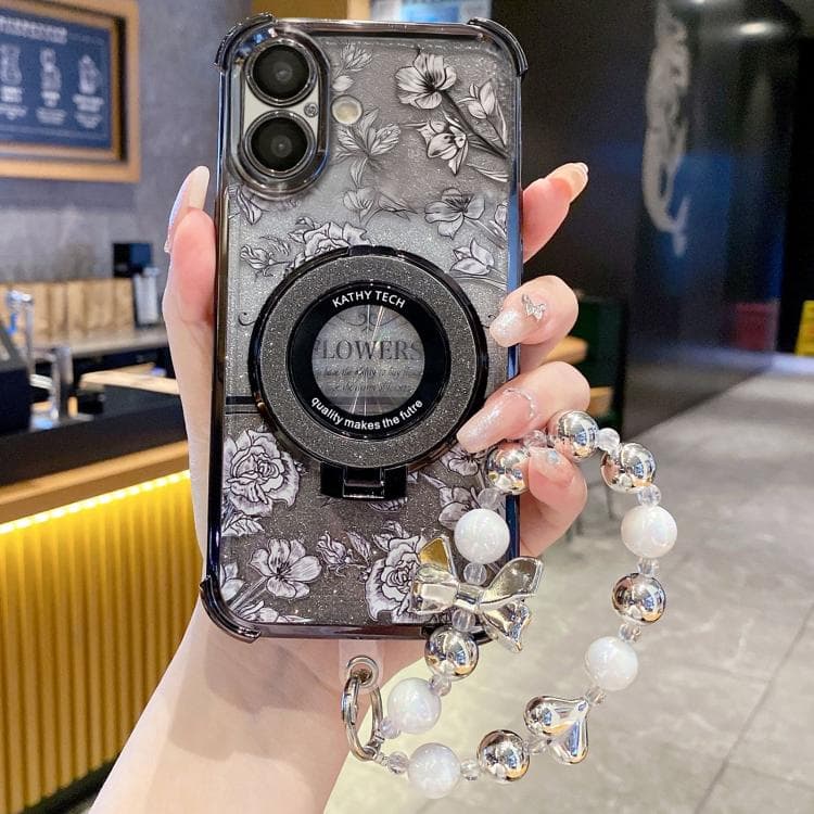 For iPhone 17 Gradient Glitter Flowers Electroplated Phone Case with Wrist Strap(Black) - Immagine 1