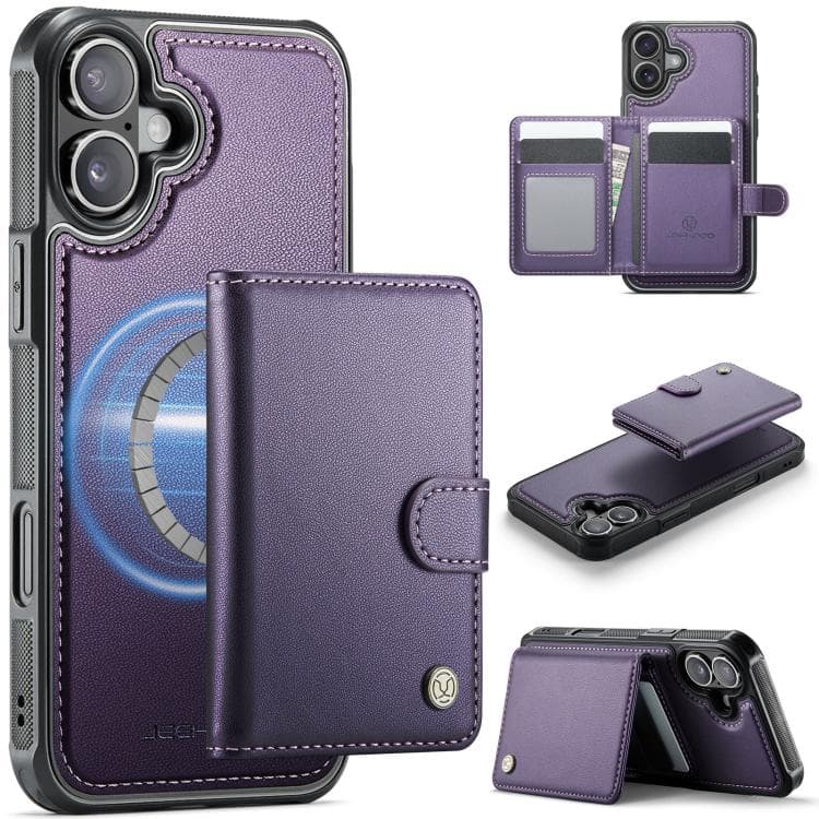 For iPhone 17 JEEHOOD J09 Buckle Card Bag MagSafe Magnetic Style RFID Leather Phone Case(Purple) - Immagine 1