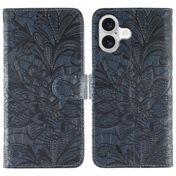 For iPhone 17 Lace Flower Embossing Flip Leather Phone Case(Dark Blue) - Immagine 1
