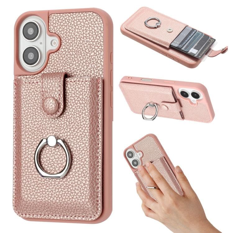 For iPhone 17 Litchi Texture Drawing Card Bag Ring Holder Phone Case(Rose Gold) - Immagine 1