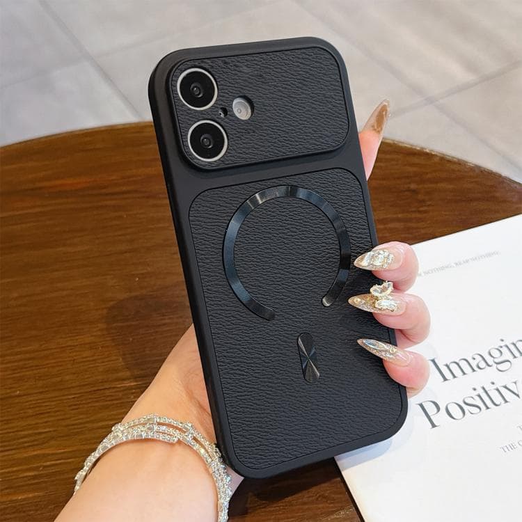 For iPhone 17 Litchi Texture Vegan Leather Magnetic Phone Case(Black)