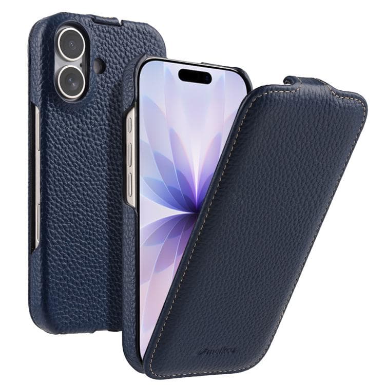 For iPhone 17 melkco Litchi Texture Vertical Flip Magnetic Genuine Leather Phone Case(Dark Blue) - Immagine 1
