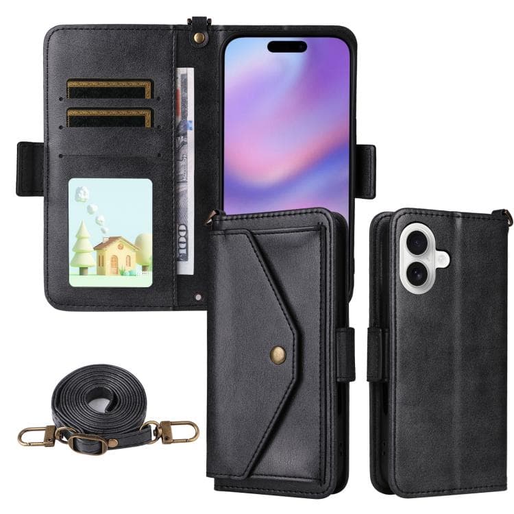 For iPhone 17 Multi-card Slots Crossbody Cowhide Leather Phone Case(Black) - Immagine 1