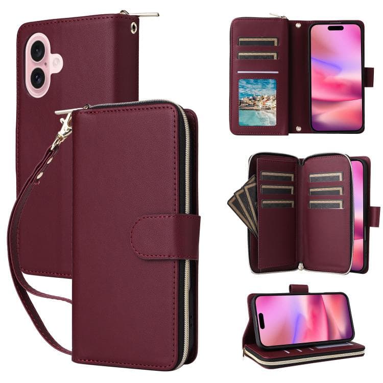 For iPhone 17 Nine-card Slots Zipper Wallet Bag Leather Phone Case(Wine Red) - Immagine 1