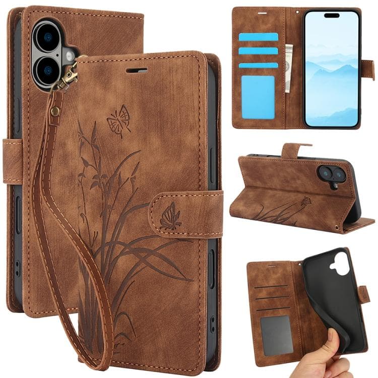 For iPhone 17 Orchid Butterfly Embossed Leather Phone Case(Brown) - Immagine 1