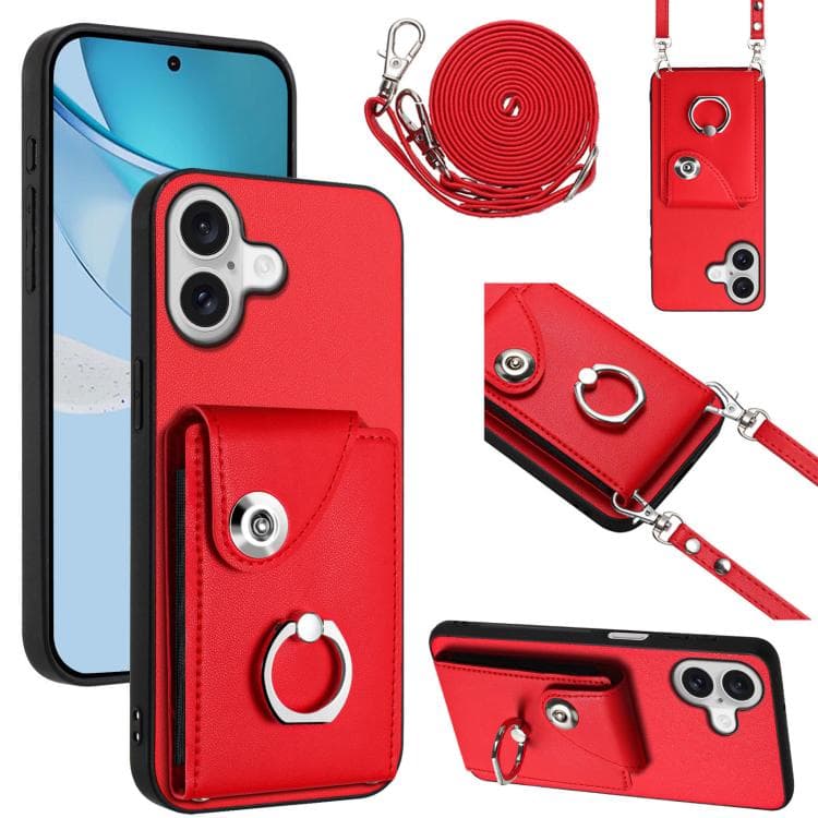 For iPhone 17 Organ Card Bag Ring Holder Phone Case with Long Lanyard(Red) - Immagine 1