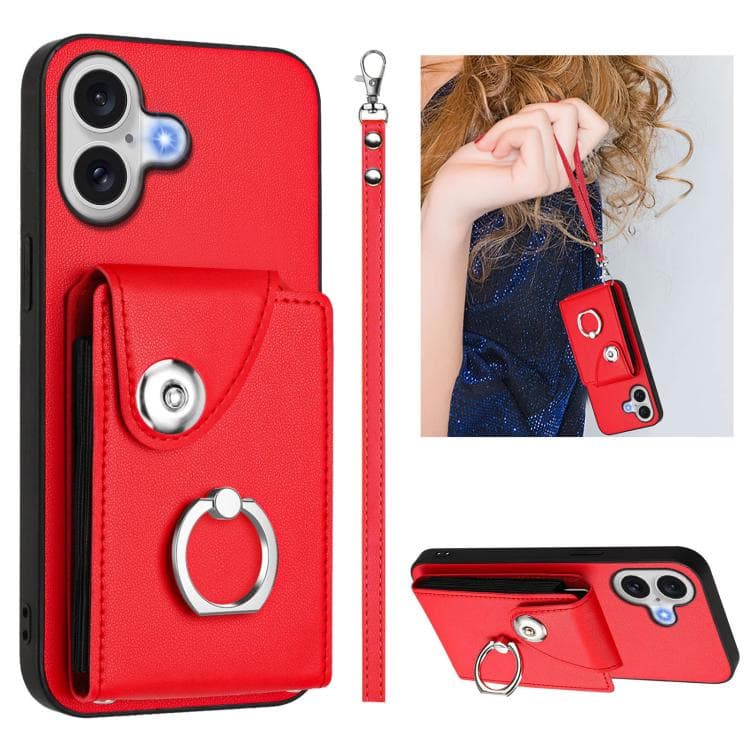 For iPhone 17 Organ Card Bag Ring Holder PU Phone Case with Lanyard(Red) - Immagine 1