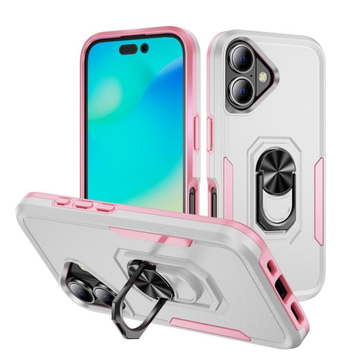 For iPhone 17 Pioneer Armor Heavy Duty PC + TPU Phone Case with Holder(White+Pink) - Immagine 1