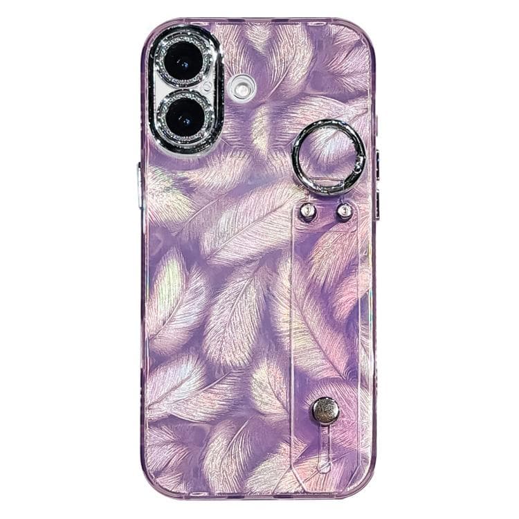 For iPhone 17 Plating Feather Texture Wristband Holder TPU Phone Case with Lens Film(Purple) - Immagine 1
