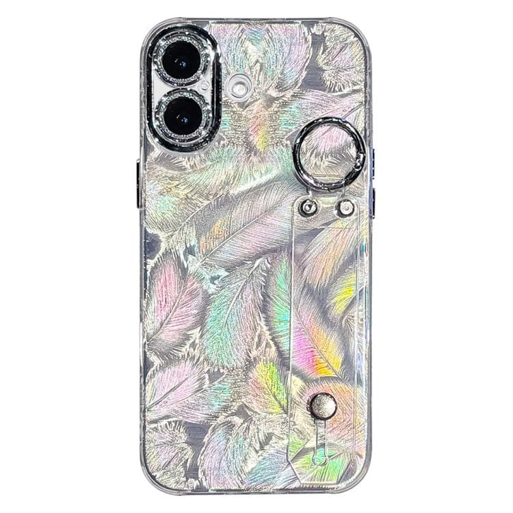 For iPhone 17 Plating Feather Texture Wristband Holder TPU Phone Case with Lens Film(Silver) - Immagine 1