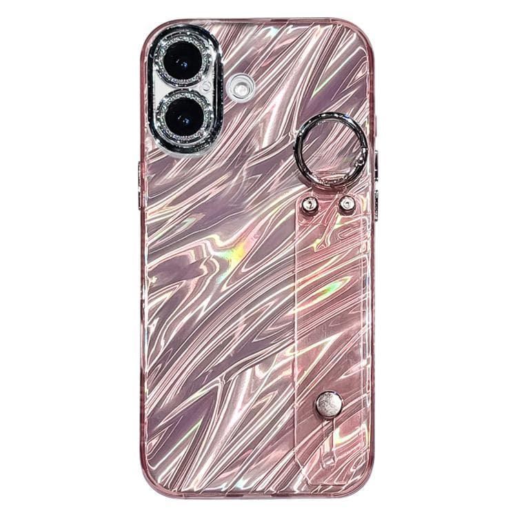 For iPhone 17 Plating Ripples Texture Wristband Holder TPU Phone Case with Lens Film(Pink) - Immagine 1
