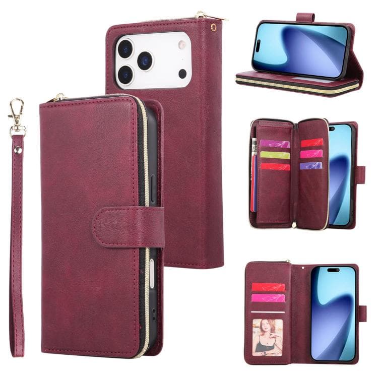 Portafoglio con custodia in pelle per iPhone 17 Pro con 9 slot per carte e cerniera (Rosso vino) - Immagine 1