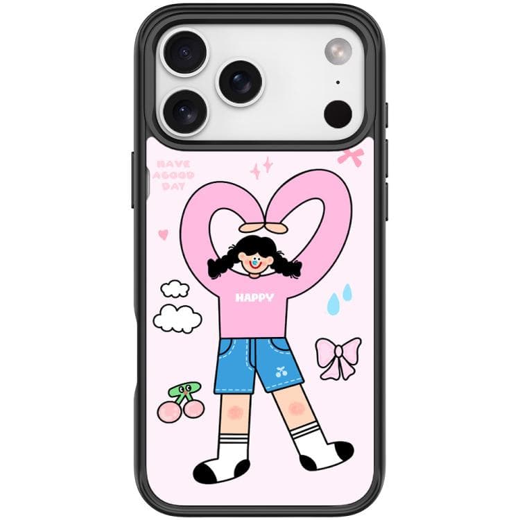 Per iPhone 17 Pro Adorabile Custodia Magnetica con Motivo Cuore e Ragazza con Doppia Coda di Cavallo (Nero) - Immagine 1