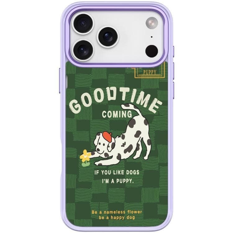 Per iPhone 17 Pro Custodia Magnetica per Telefono con Motivo Adorabile di Cane che Cattura Fiori (Viola Chiaro) - Immagine 1