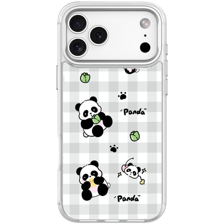 For iPhone 17 Pro Adorable Grid Panda Pattern Magnetic Phone Case(Transparent White) - Immagine 1