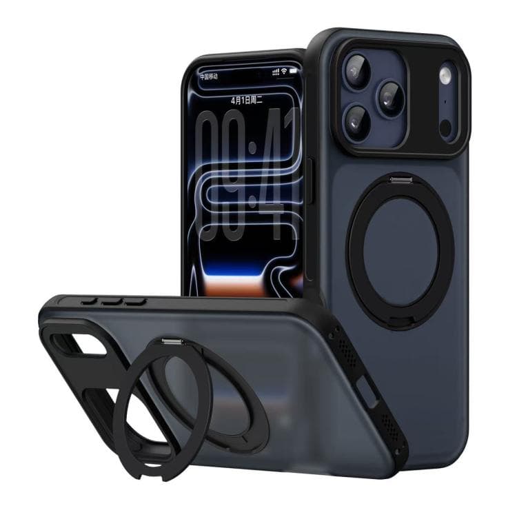 Custodia magnetica per iPhone 17 Pro con staffa rotante in stile Alpha (Nero trasparente) - Immagine 1