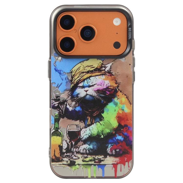 Per iPhone 17 Pro Serie Animali Motivo Olio Pittura PC + TPU Custodia per Telefono (Gatto che beve) - Immagine 1