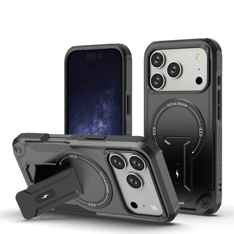 For iPhone 17 Pro Armor Magsafe Holder PC Hybrid TPU Phone Case(Black) - Immagine 1