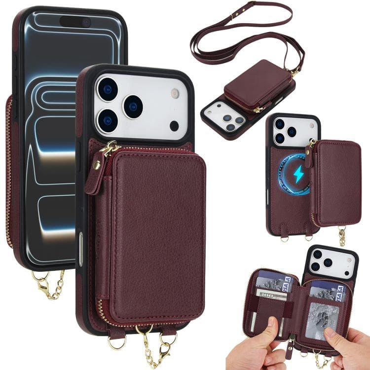 For iPhone 17 Pro AwQuer 2 in 1 Crossbody Zipper Wallet Leather Back Phone Case(Wine Red) - Immagine 1