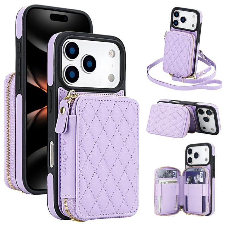 For iPhone 17 Pro AwQuer Crossbody Zipper Wallet Rhombic Leather Back Phone Case(Purple) - Immagine 1