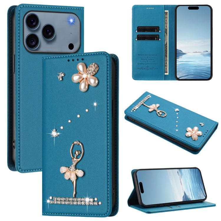 For iPhone 17 Pro Ballet Girl Diamond Studded RFID Vegan Leather Phone Case(Lake Blue) - Immagine 1