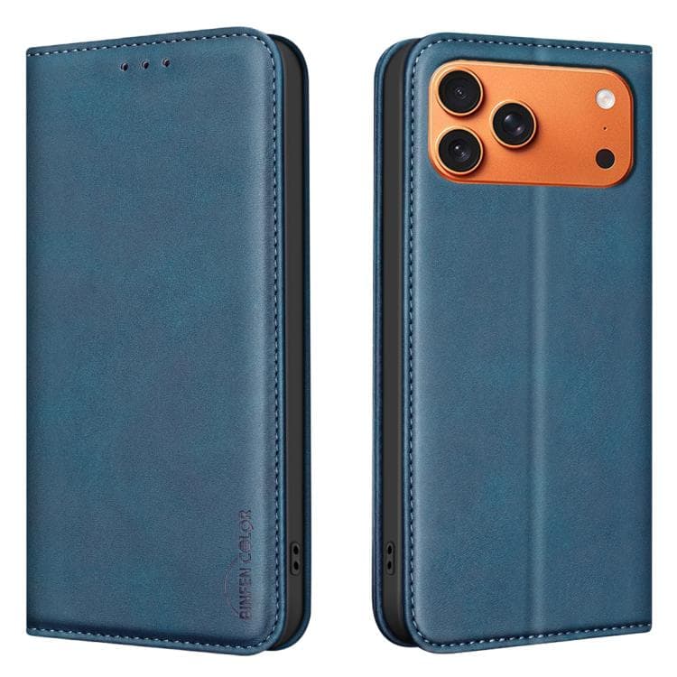 For iPhone 17 Pro BINFEN COLOR Calfskin Texture Magnetic RFID Vegan Leather Phone Case(Blue) - Immagine 1