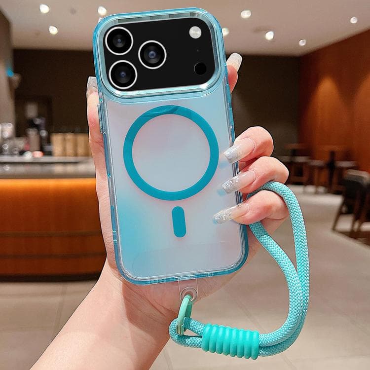 For iPhone 17 Pro Bright Shadow Magsafe Discoloration Phone Case with Wrist Strap(Blue) - Immagine 1