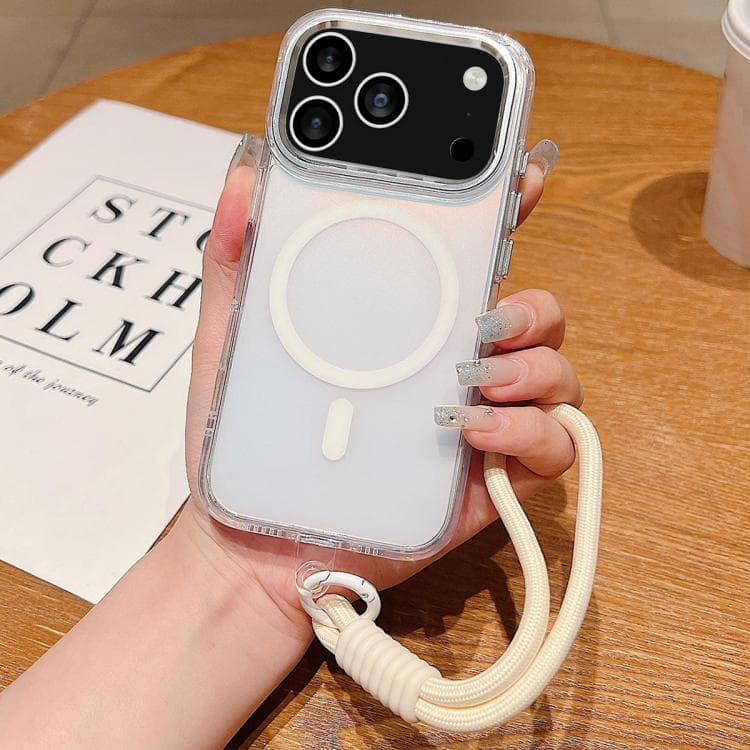 For iPhone 17 Pro Bright Shadow Magsafe Discoloration Phone Case with Wrist Strap(White) - Immagine 1