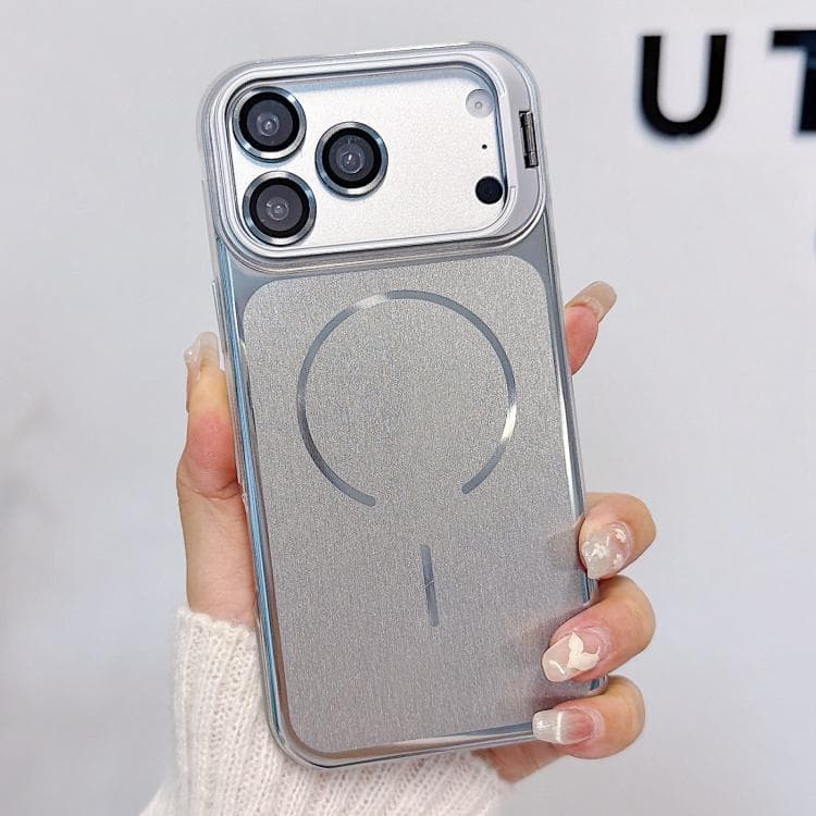 For iPhone 17 Pro Brushed Magnetic Phone Case with Lens Frame Holder & Lens Film(Silver) - Immagine 1