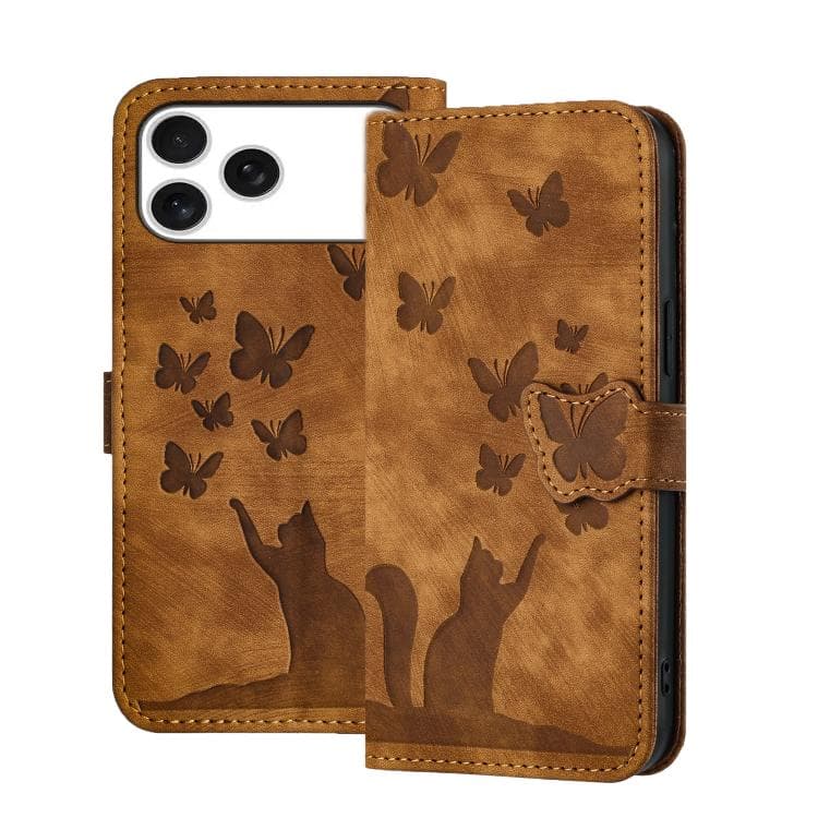 Custodia in pelle Flip con goffratura a farfalla e gatto per iPhone 17 Pro (Marrone) - Immagine 1
